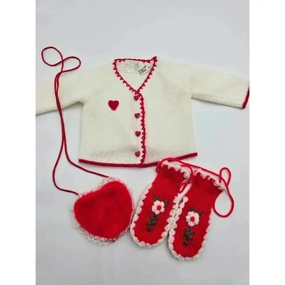 Vintage Jacobson's Baby/Doll Red Heart Sweater, Purse, and Mittens Lot - Picture 1 of 11